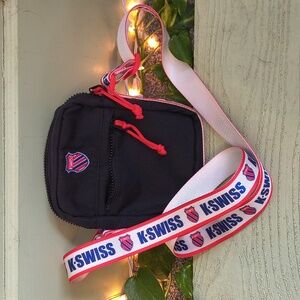 Women's K-Swiss Black Cross Body Messanger Camera Logo Ribbon Strap Purse Bag